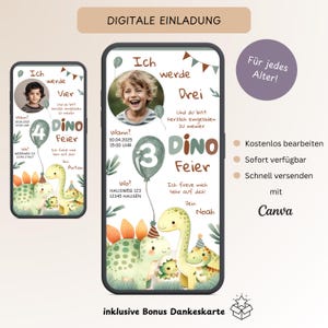 Uitnodiging Kinderverjaardag Dinosaurus met Foto, Gepersonaliseerde Digitale Uitnodigingskaart Dinos, E-Card Verjaardag WhatsApp, Sjabloon Canva