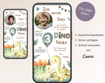 Invitation Children's Birthday Dinosaur with Photo, Personalizable Digital Invitation Card Dinos, E-Card Birthday WhatsApp, Template Canva
