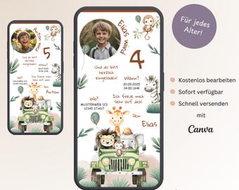 Digital invitation for children's birthday safari, personalizable e-card with photo, birthday invitation for children WhatsApp jungle, template Canva