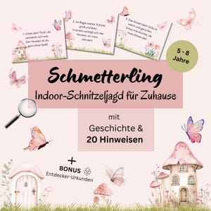 以下が含まれることがあります： 5～8歳向けのピンクと白のイラスト入り宝探しゲーム。手がかり、虫眼鏡、ボーナス証明書が含まれています。「Schmetterling」というタイトルが大きく表示されています。