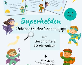 Outdoor scavenger hunt for children 4-8 years, superhero treasure hunt garden scavenger hunt children's birthday party to print out PDF treasure hunt outside