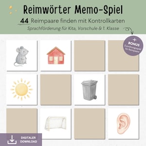 Reimwörter Memo-Spiel für Kinder PDF, Lernspiel Sprachförderung Kinder Kindergarten Kita Vorschule 1. Klasse, Paare finden Memospiel
