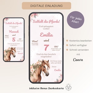 Invitation numérique anniversaire enfant chevaux fille, carte d'invitation personnalisable fleurs roses WhatsApp cowgirl anniversaire, modèle Canva