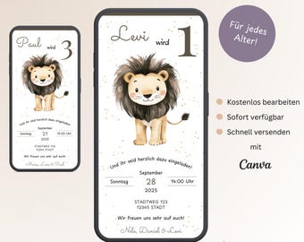 Digital invitation for a children's birthday party with a lion theme (ages 1-10), customizable 1st birthday invitation card with a safari theme, e-card for WhatsApp, Canva template
