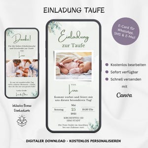 Digitale Einladung Taufe Eukalyptus mit Foto, personalisierbare Einladungskarte Taufe, E-Card Taufeinladung Baby WhatsApp Grün Vorlage Canva