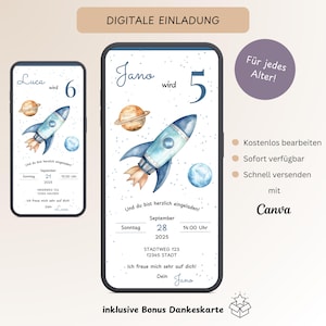 Digitale Einladung Kindergeburtstag Rakete, Personalisierbare Einladungskarte Geburtstag Weltall, Party E-Card Handy WhatsApp, Vorlage Canva