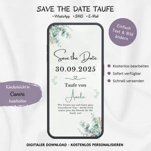 Save The Date E-Card Doop Eucalyptus, Gepersonaliseerde Digitale Aankondiging Uitnodiging Doop Meisje Jongen, Sjabloon Canva WhatsApp Mobiel
