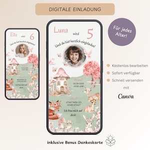 Invitation numérique pour anniversaire d'enfant animaux de la forêt, invitation pastel délicate personnalisable avec photo, eCard anniversaire WhatsApp, modèle Canva
