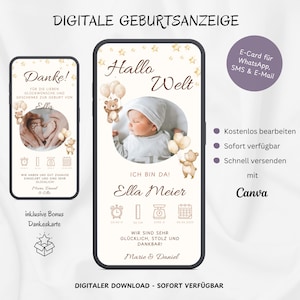 Faire-part de naissance numérique WhatsApp Teddy Bear, faire-part de naissance e-carte personnalisable, carte de naissance téléphone portable Hello World Baby, modèle Canva