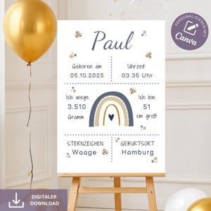 Tablero de nacimiento personalizado, póster de nacimiento de bebé, póster con nombre para habitación infantil, regalo de nacimiento de niño, póster de nacimiento con fechas de nacimiento arcoíris A3 A4