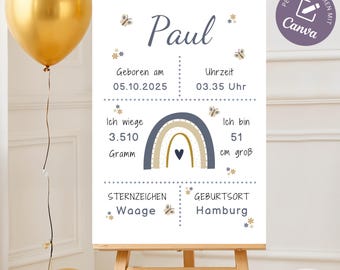 Tableau de naissance personnalisé, affiche de naissance pour bébé, affiche de nom pour chambre d'enfant, cadeau de naissance pour garçon, affiche de naissance, dates de naissance, arc-en-ciel A3 A4