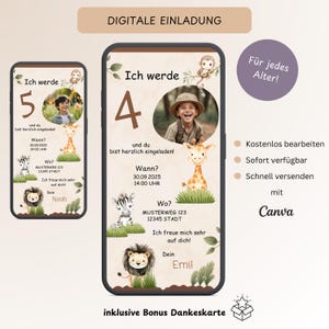 Einladung Kindergeburtstag Safari mit Foto, Personalisierbare digitale Einladungskarte Jungen, Elektronische E-Card WhatsApp, Vorlage Canva
