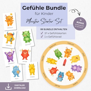 May include: A digital download bundle for children featuring a "Monster Starter Set." The set includes 37 emotion cards and an emotion wheel. The cards and wheel feature colorful monster illustrations representing various feelings. The text includes "Digital Download."