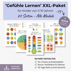 以下が含まれることがあります： 3歳から10歳のお子様向けの「Gefühle Lernen」（感情を学ぶ）というデジタルダウンロードパッケージ。ポスターとワークシート20ページ、お母様向けのボーナス緊急キット、30日間の返金保証が含まれています。ポスターには、感情のカラフルなイラストが描かれています。