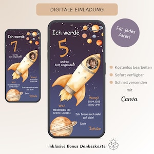 Digitale Einladung Kindergeburtstag Rakete & Weltall, Personalisierbare Einladungskarte Foto, E-Card Geburtstag WhatsApp, Vorlage Canva