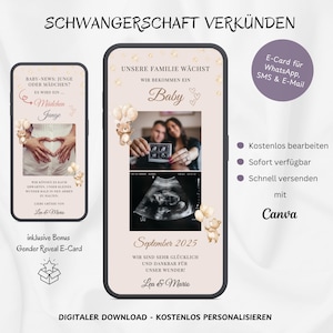 Schwangerschaft verkünden digital WhatsApp, Personalisierbare Baby Ankündigung Foto & Bär, Individuelle Reveal E-Card, Vorlage Canva neutral