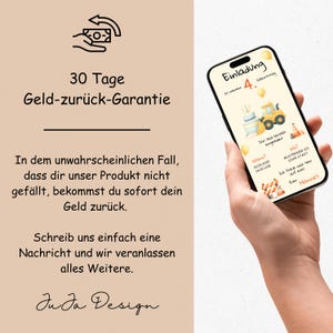 May include: A digital invitation for a 4th birthday party with a construction theme. The invitation features a yellow construction vehicle, a birthday cake, and a construction cone. The text on the invitation reads "Einladung zum 4. Geburtstag".