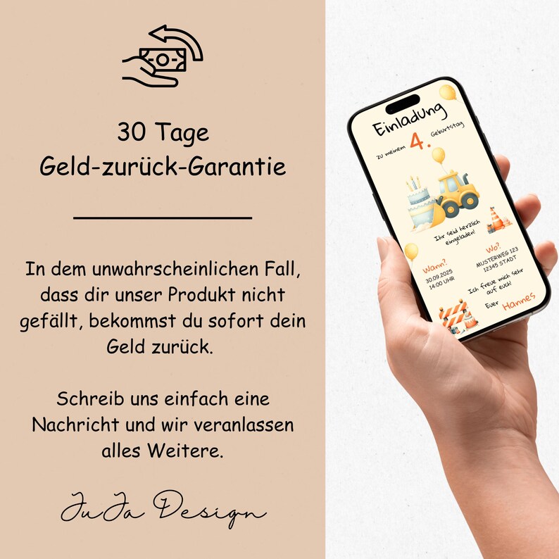 May include: A digital invitation for a 4th birthday party with a construction theme. The invitation features a yellow construction vehicle, a birthday cake, and a construction cone. The text on the invitation reads "Einladung zum 4. Geburtstag".