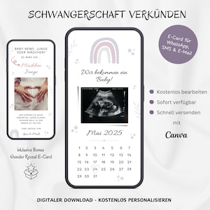Wir bekommen ein Baby Karte, Digital Schwangerschaft verkünden, Personalisierbare Baby Ankündigung, Regenbogen E-Card WhatsApp Vorlage Canva