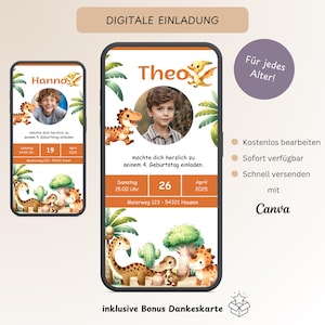 Invitation numérique pour anniversaire d'enfant dinosaure avec photo, carte d'invitation personnalisable dinosaure, e-carte anniversaire WhatsApp, modèle Canva