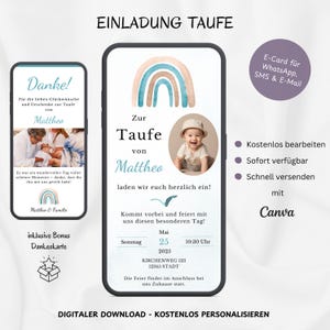 Digitale Einladung Taufe Regenbogen, personalisierbare Einladungskarte Taufe Jungen, Taufeinladung Regenbogen WhatsApp & Foto, Vorlage Canva
