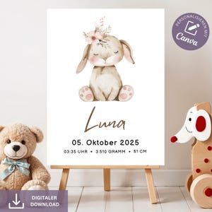 Tablero de nacimiento personalizado, póster de nacimiento de bebé, póster con nombre para habitación infantil, regalo de nacimiento de niña, póster de nacimiento con fechas de nacimiento de conejo, tamaño A2, A3 y A4