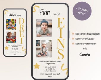 Invitación digital para el primer cumpleaños con foto, tarjeta de invitación personalizada para cumpleaños infantiles, tarjeta electrónica para WhatsApp (niña/niño), plantilla de Canva.