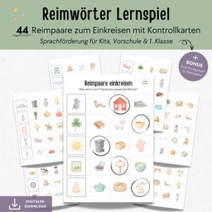 Può includere: Un set di schede didattiche con il titolo "Reimwörter Lernspiel" e il testo "44 Reimpaare zum Einkreisen mit Kontrollkarten". Le schede presentano illustrazioni per giochi di rime, progettate per la scuola materna e primaria. Include un gioco di abbinamento bonus.