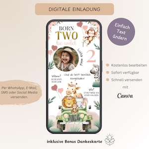 Einladung Kindergeburtstag Born Two Be Wild Mädchen, Personalisierbare digitale Einladungskarte 2. Geburtstag WhatsApp Rosa, Vorlage Canva