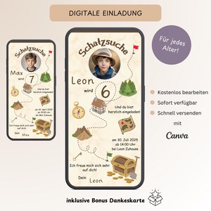 Invitación digital cumpleaños infantil cazador de tesoros, tarjeta de invitación personalizable yincana, tarjeta electrónica WhatsApp con foto, plantilla Canva