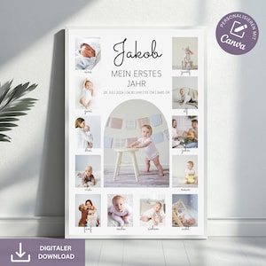 Meilensteintafel 1. Geburtstag Geburtstagsposter Foto, Baby Poster Meilensteine Geschenk, Baby Meilensteinposter Junge Mädchen Vorlage Canva