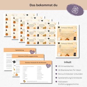 May include: A collection of Halloween-themed printables, including cards with pumpkins, witch hats, and black cats. The set includes game instructions, a Halloween story, and certificates. The text "Das bekommst du" is at the top.