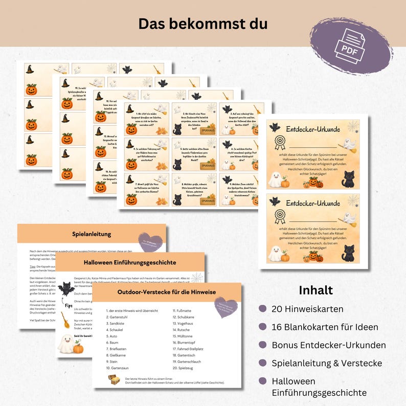 May include: A collection of Halloween-themed printables, including cards with pumpkins, witch hats, and black cats. The set includes game instructions, a Halloween story, and certificates. The text "Das bekommst du" is at the top.