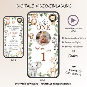 Invitación de Wild One para primer cumpleaños, tarjeta de invitación digital animada y personalizable, tarjeta electrónica de cumpleaños infantil, plantilla de Safari para WhatsApp, Canva