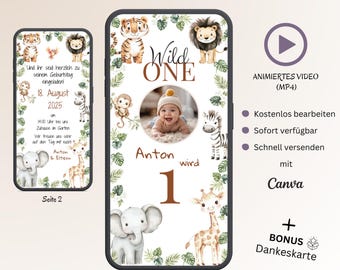 Wild One Animated 1st Birthday Invitation, Customizable Digital Invitation Card for Children's Birthday Parties, E-Card, WhatsApp, Safari Template, Canva