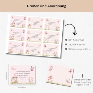 Pu&ograve; includere: Un set di nove carte stampabili rosa e bianche con illustrazioni di una casa delle fate, farfalle e fiori. Le carte sono progettate per un gioco di caccia al tesoro e includono istruzioni per il gioco. Le carte sono alte 6,2 pollici e larghe 8,3 pollici. Le carte sono stampate su carta A4, che misura 29,7 cm per 21 cm.