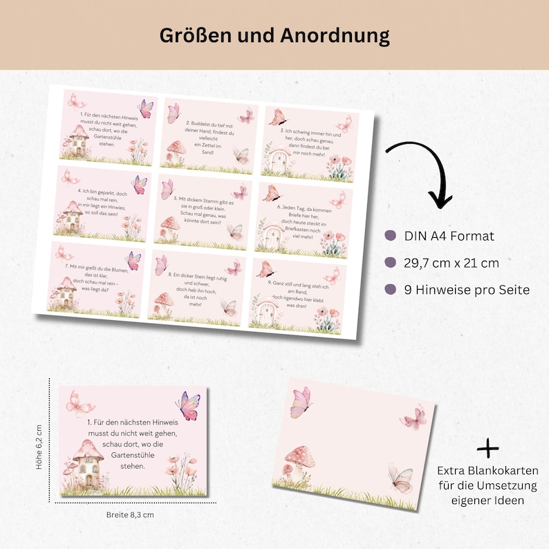 Pu&ograve; includere: Un set di nove carte stampabili rosa e bianche con illustrazioni di una casa delle fate, farfalle e fiori. Le carte sono progettate per un gioco di caccia al tesoro e includono istruzioni per il gioco. Le carte sono alte 6,2 pollici e larghe 8,3 pollici. Le carte sono stampate su carta A4, che misura 29,7 cm per 21 cm.
