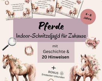 Indoor scavenger hunt for children 4-8 years, horse treasure hunt indoors, children's birthday party scavenger hunt to print out, PDF treasure hunt for home