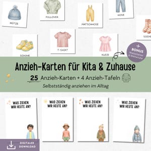 Op de afbeelding: Een set geïllustreerde kaarten voor kinderkleding, met items als een muts, trui, tuinbroek, broek, sokken, schoenen, t-shirt en jurk. De kaarten zijn in het Duits beschreven en bevatten de tekst "Anzieh-Karten für Kita & Zuhause".