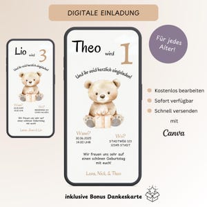 Digitale uitnodiging kinderverjaardag teddybeer, aanpasbare uitnodigingskaart met foto, e-card verjaardag kinderen WhatsApp, sjabloon Canva