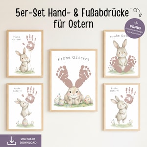 May include: Set of five framed prints with Easter-themed illustrations. Each print features a cute bunny with handprints or footprints, along with the text "Frohe Ostern!" in German. Includes a bonus of six gift tags.