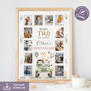 Meilensteintafel 2. Geburtstag Geburtstagsposter Born Two be wild Meilensteinposter Jungen Mädchen, Meilensteintafel Safari Vorlage Canva