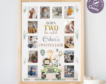 Tablero de hitos, póster de cumpleaños para el segundo cumpleaños, póster de hitos "Born Two be wild" para niños y niñas, plantilla de safari para tablero de hitos Canva