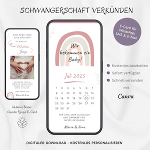 Zwangerschapsaankondiging We krijgen een babykaart, aanpasbare digitale babyaankondiging WhatsApp, Rainbow E-card sjabloon Canva