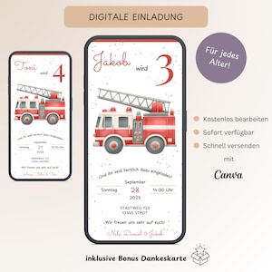 Digitale Einladung Kindergeburtstag Feuerwehr 1-10 Jahre, Personalisierbare Einladungskarte Junge Geburtstag, E-Card WhatsApp, Vorlage Canva