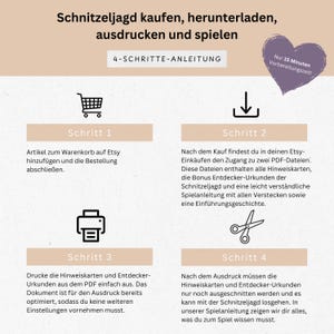 May include: A four-step guide with German text for a scavenger hunt game. The steps include adding to cart, downloading PDFs, printing, and cutting out clues. A purple heart-shaped graphic says "Only 15 minutes preparation time!"