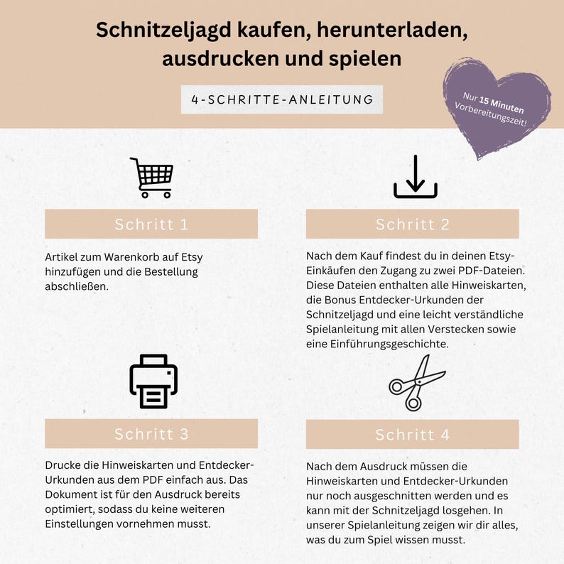 May include: A four-step guide with German text for a scavenger hunt game. The steps include adding to cart, downloading PDFs, printing, and cutting out clues. A purple heart-shaped graphic says "Only 15 minutes preparation time!"