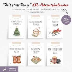 Puede incluir: Un conjunto de seis tarjetas ilustradas con imágenes de acuarela y texto en alemán. Las tarjetas son para un calendario de Adviento, con temas como decorar un árbol de Navidad y ver una película.