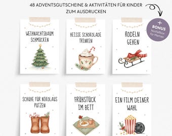 Calendario de Adviento para niños: Tiempo en lugar de cosas, cupones y actividades Calendario de Adviento para imprimir, descargar Calendario de Navidad para niños Kit DIY