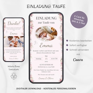 Digitale Einladung Taufe Mädchen mit Blumen & Foto, personalisierbare Taufkarte Einladung, eCard Taufeinladung WhatsApp Rosa Vorlage Canva